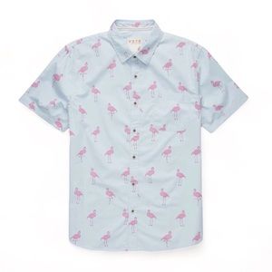 VSTR Flamingo Print Mens Blue Button Up Short-Sleeve Collared Shirt Size Small